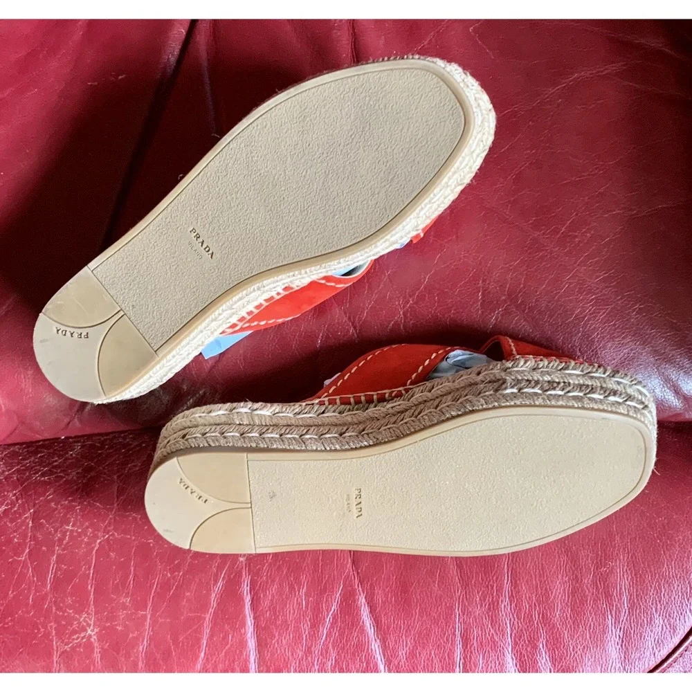 Authentic PRADA Red Espadrille Slide Wedges Sandal Size 8.5